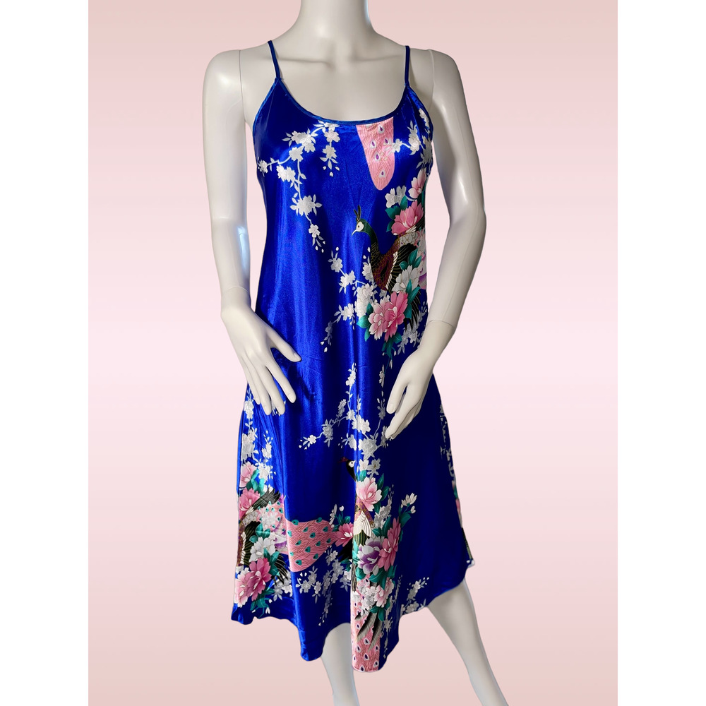 Pretty Peacock Shiny Satin Negligee, Royal Blue, Adjustable straps, Ladies XL